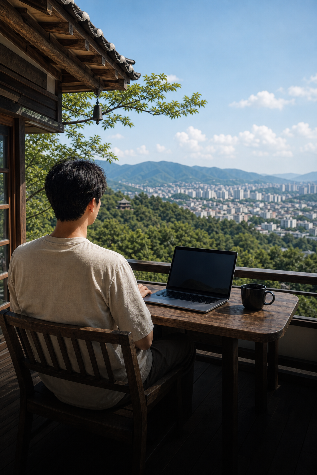 한옥에서 도시를 바라보며 노트북으로 일하는 레이블 현