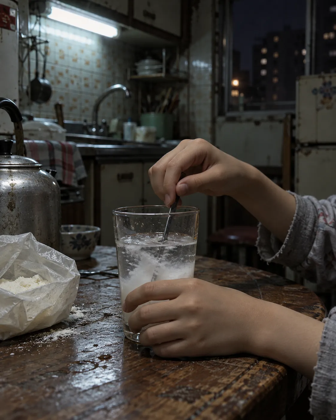 찬물에 프리마를 타는 아이의 손